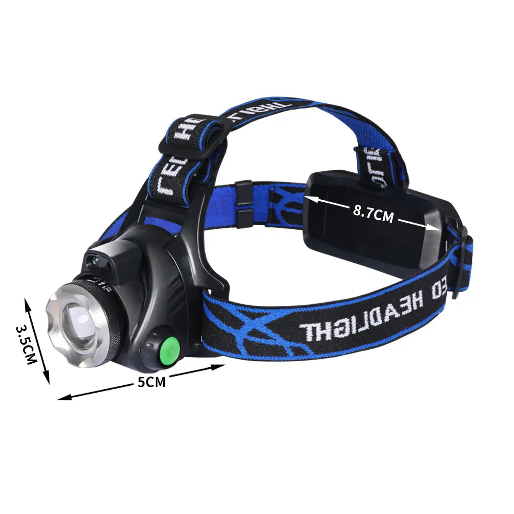 LED Outdoor Headlamp with adjustable headband and USB charging cable, designed for camping and outdoor activities.